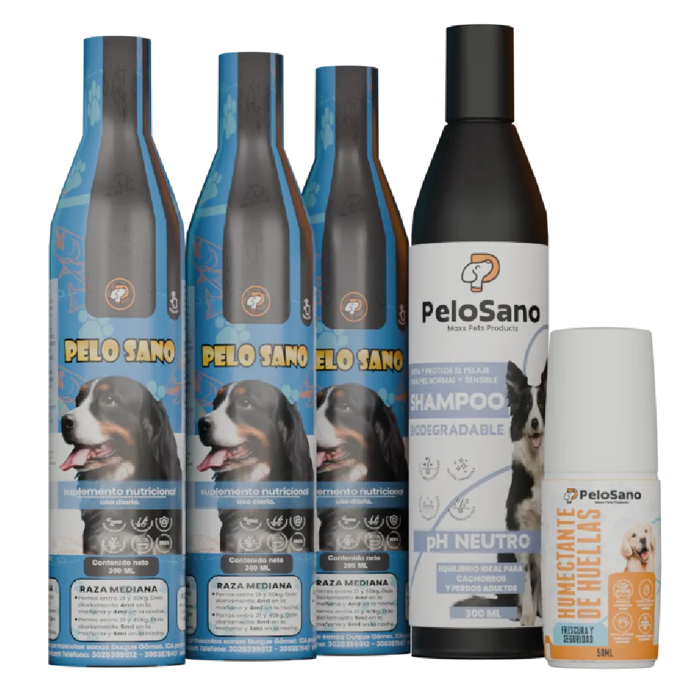Pack 5 Productos para Perros Pelo Sano – Suplemento Omega 3 Shampoo y Humectante