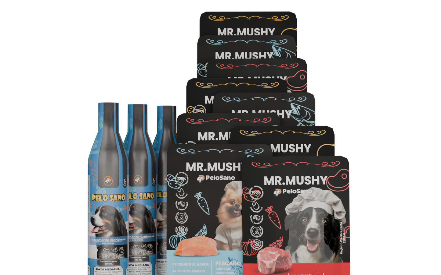 Pack Nutrición Completa para Perros – 3 Pelo Sano Omega 3 y 9 Mr. Mushy y Kit Aseo