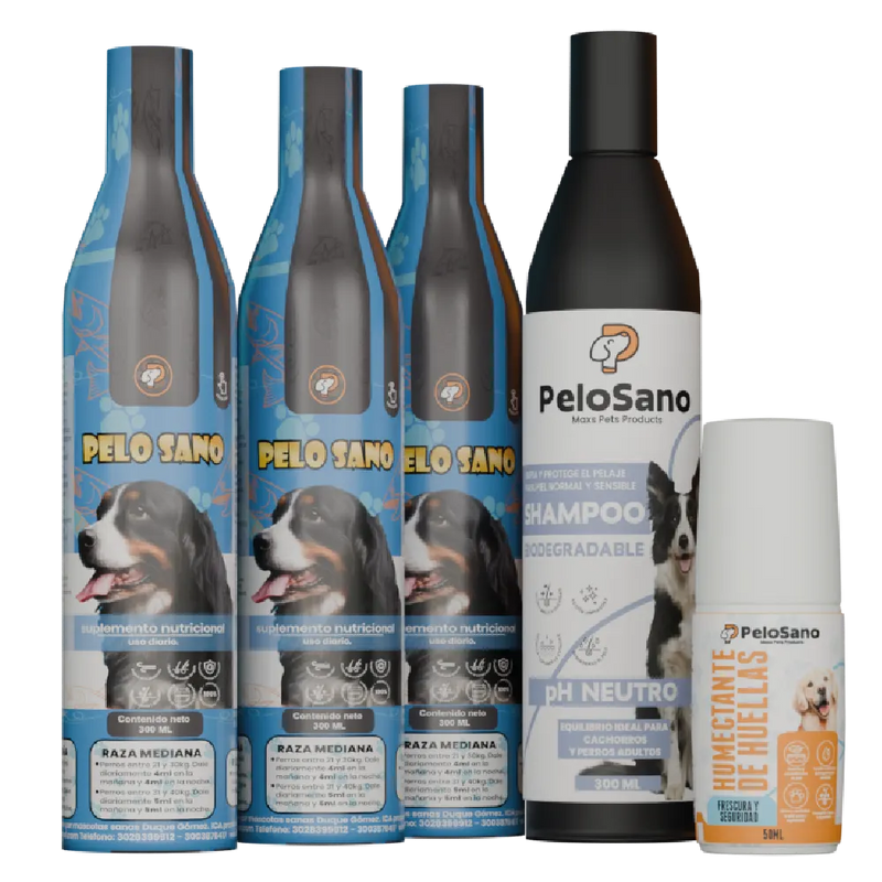 Pack 5 Productos para Perros Pelo Sano – Suplemento Omega 3 Shampoo y Humectante