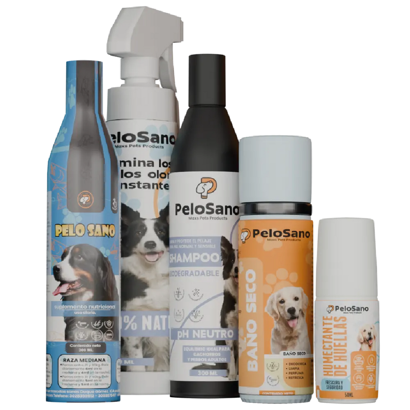 Pack 5 Productos para Perros Pelo Sano – Suplemento Omega 3 y Kit de Aseo Natural