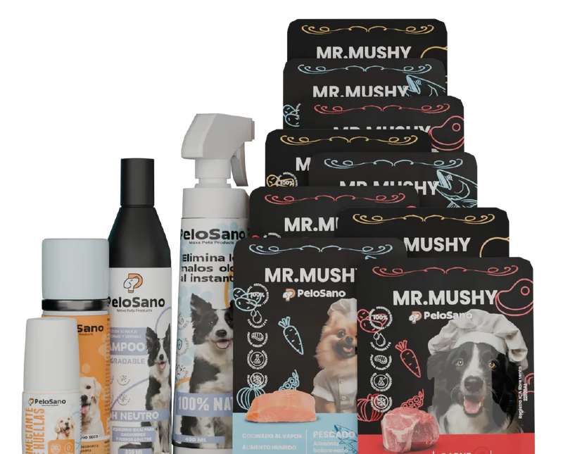 Pack Alimento y Aseo para Perros – 9 Mr. Mushy Comida Natural y Kit de Aseo Pelo Sano